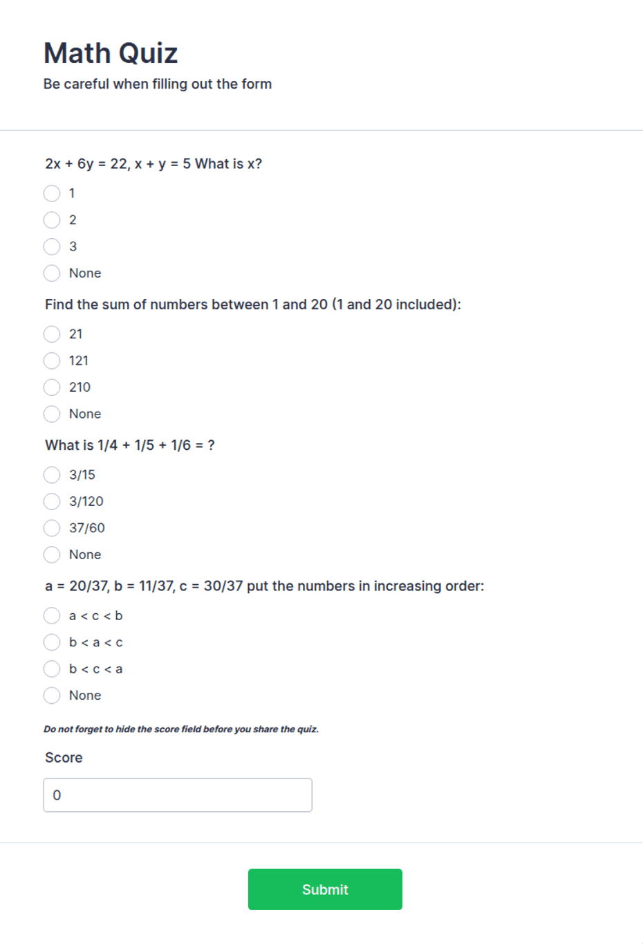 Quizzquest Math Mini Math Quiz Form Template | Jotform