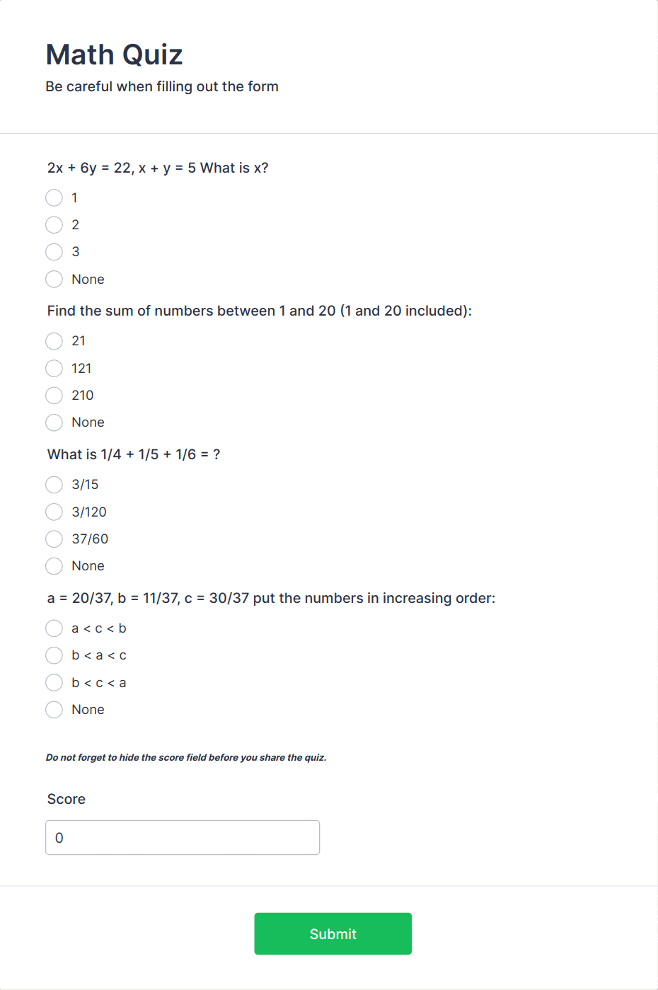 Mini Math Quiz Form Template | Jotform