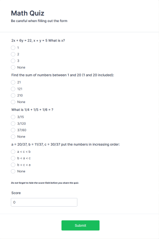 Mini Math Quiz Form Template