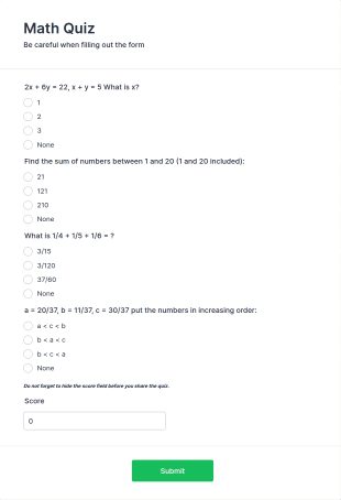 Mini Math Quiz Form Template