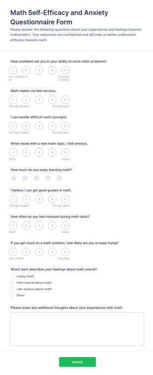 Math Self Efficacy And Anxiety Questionnaire Form Template