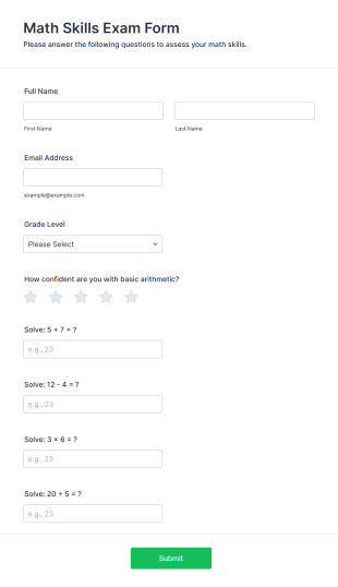 Math Skills Exam Form Template