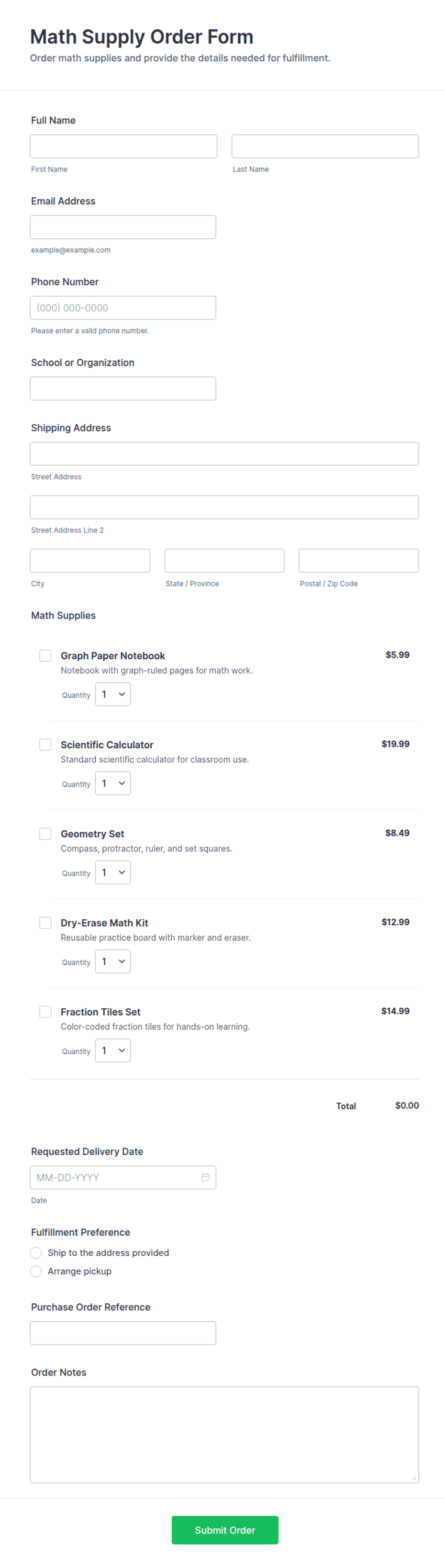 Math Supply Order Form Template | Jotform