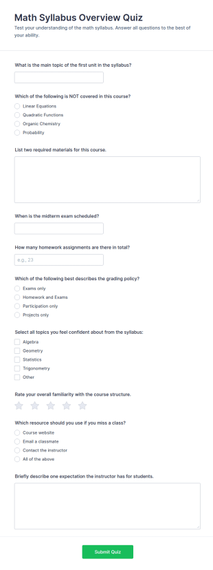 Math Syllabus Overview Quiz Form Template