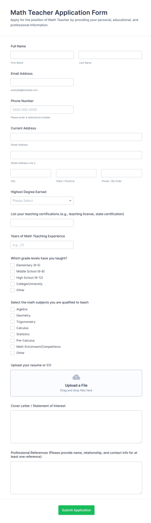 Math Teacher Application Form Template