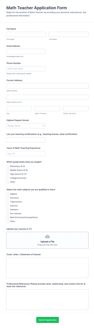 Math Teacher Application Form Template