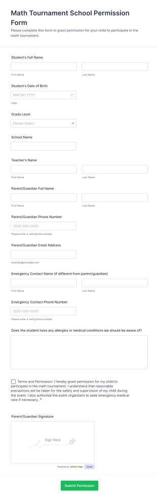 Math Tournament School Permission Form Template
