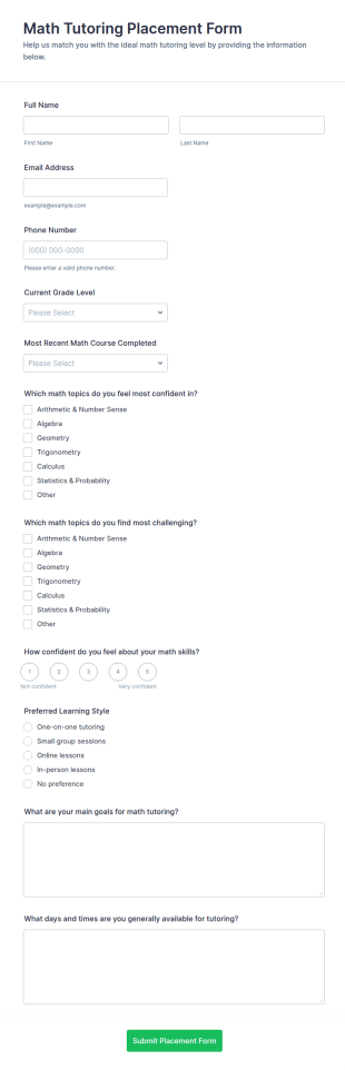 Math Tutoring Placement Form Template