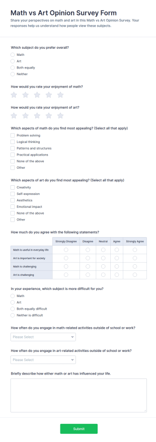 Math Vs Art Opinion Survey Form Template