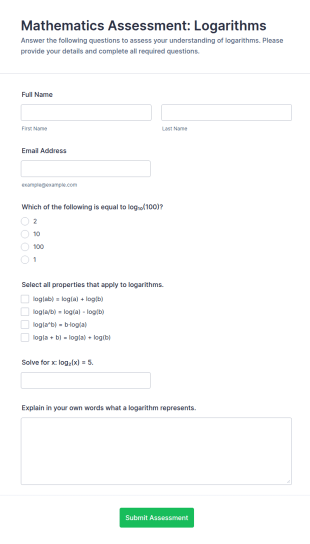 Mathematics Assessment: Logarithms Form Template