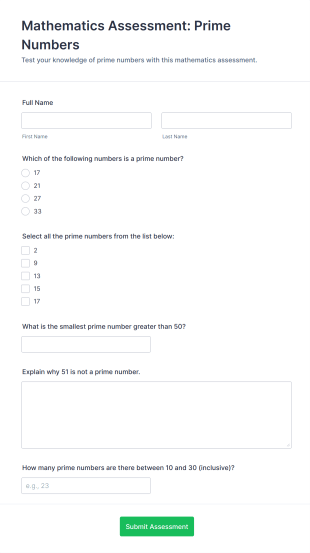 Mathematics Assessment: Prime Numbers Form Template