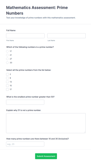 Mathematics Assessment: Prime Numbers Form Template