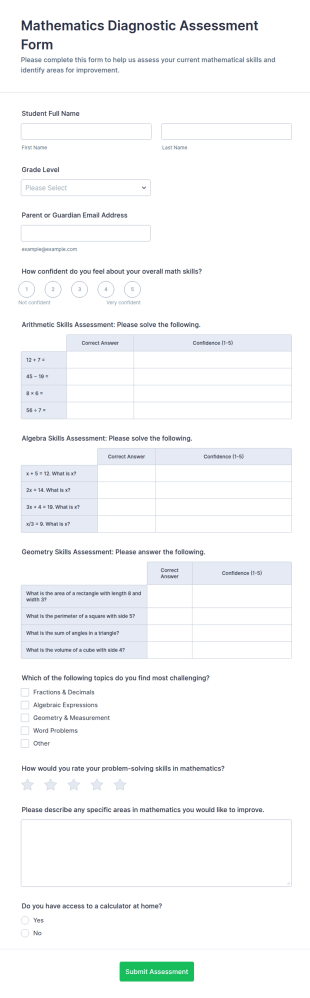 Mathematics Diagnostic Assessment Form Template