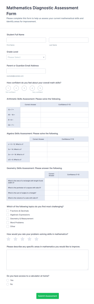 Mathematics Diagnostic Assessment Form Template