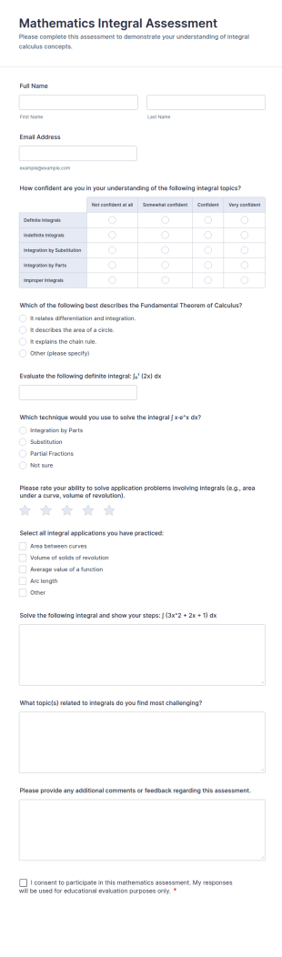 Mathematics Integral Assessment Form Template