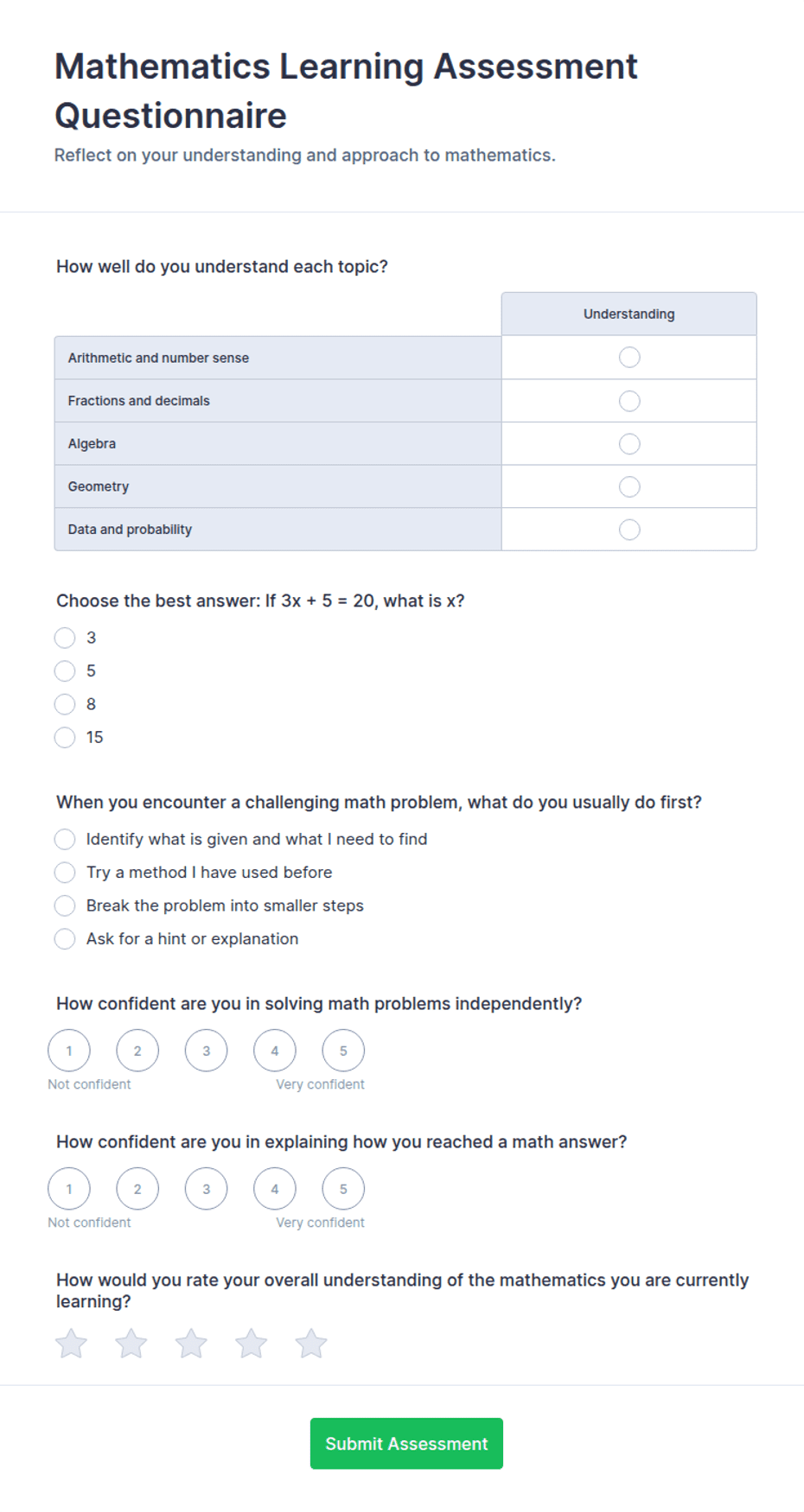 Mathematics Learning Assessment Questionnaire Form Template | Jotform