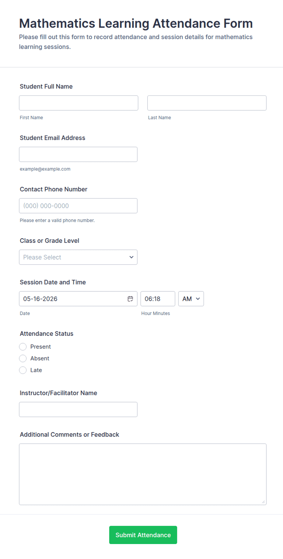 Card Math Learning Sheets Mathematics Learning Attendance Form Template | Jotform