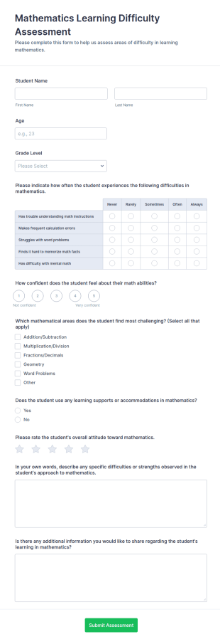 Mathematics Learning Difficulty Assessment Form Template