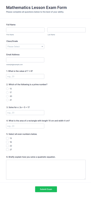 Mathematics Lesson Exam Form Template