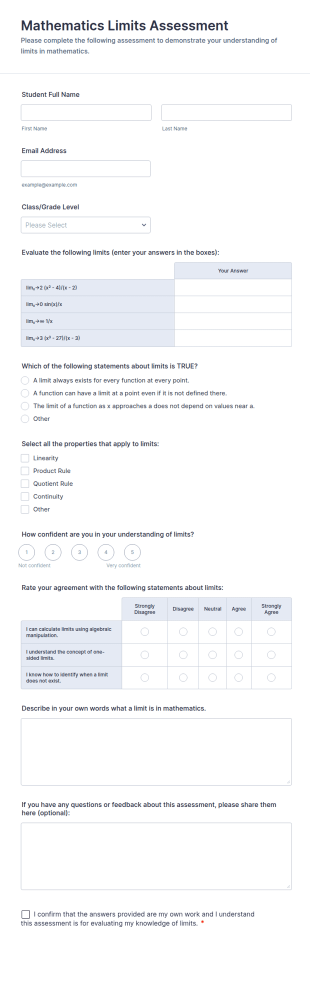 Mathematics Limits Assessment Form Template