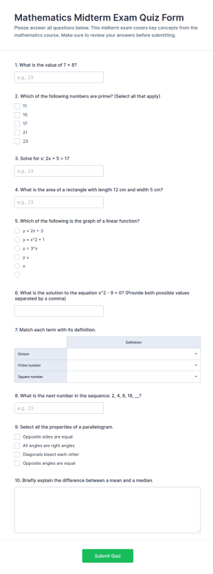 Mathematics Midterm Exam Quiz Form Template