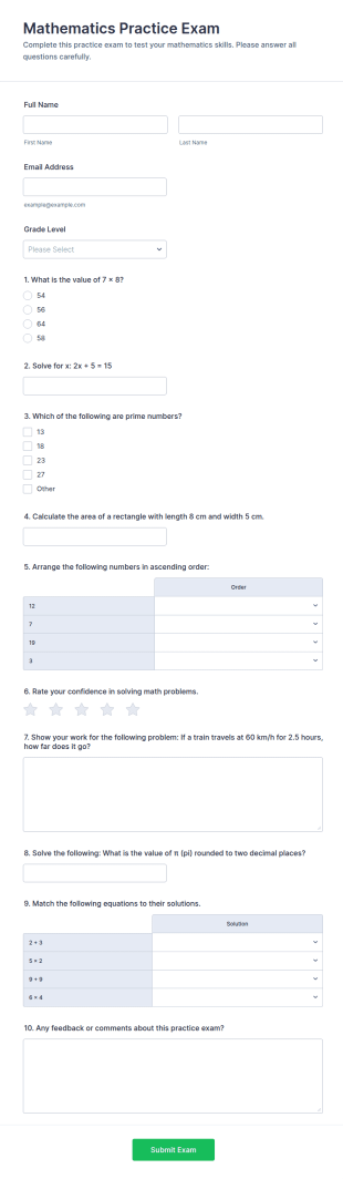 Mathematics Practice Exam Form Template
