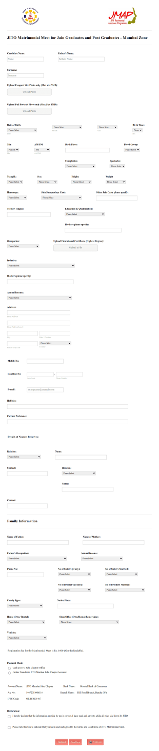 Matrimonial Meet Form JITO Form Template