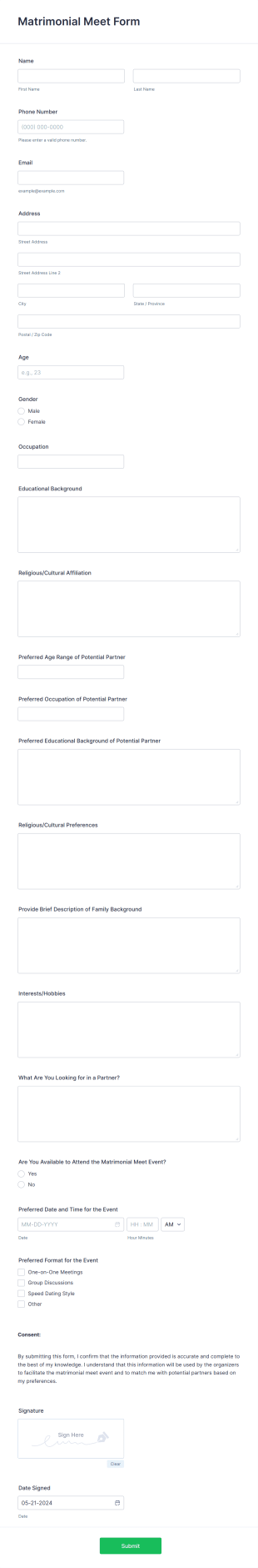 Matrimonial Meet Form Template