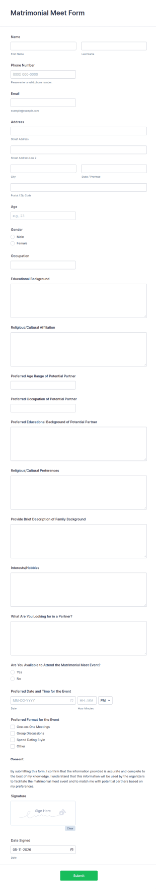 Matrimonial Meet Form Template