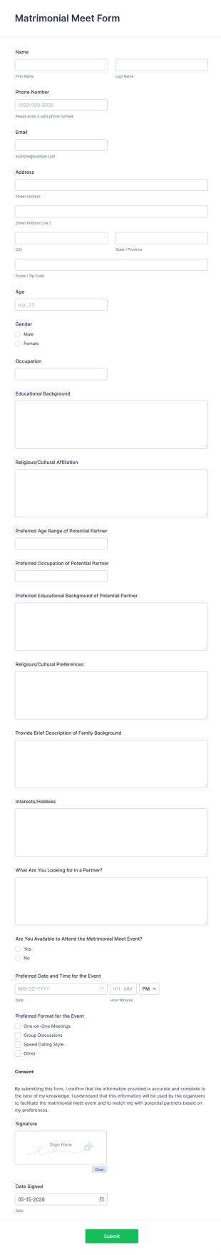 Matrimonial Meet Form Template