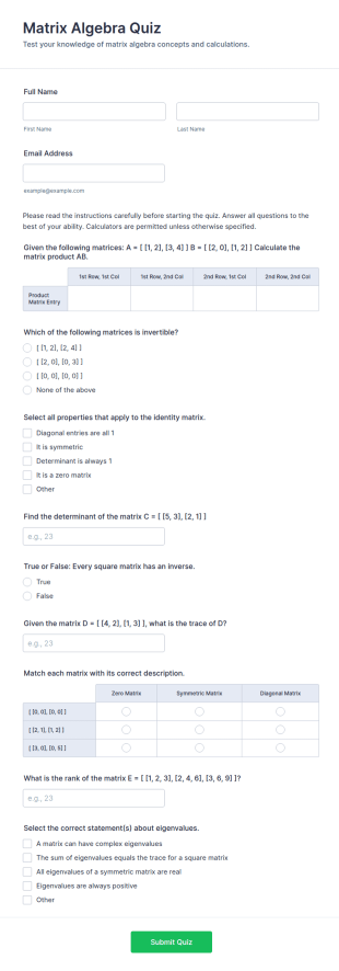 Matrix Algebra Quiz Form Template