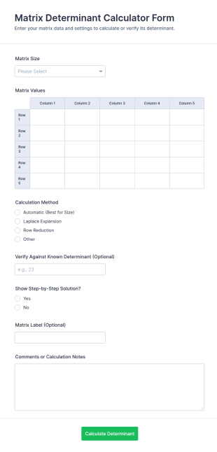 Matrix Determinant Calculator Form Template
