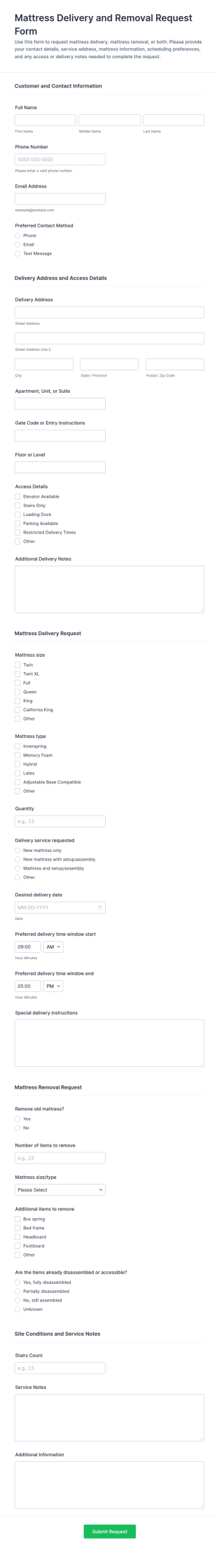 Mattress Delivery And Removal Request Form Template