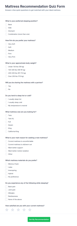 Mattress Recommendation Quiz Form Template