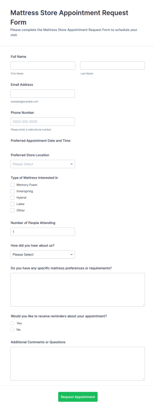 Mattress Store Appointment Request Form Template