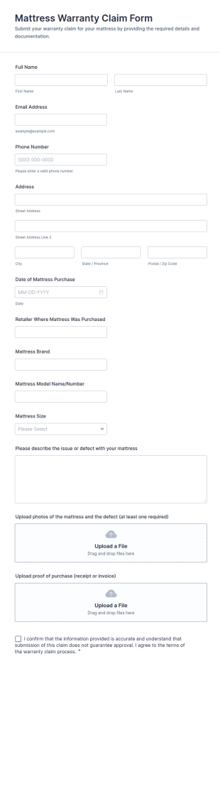 Mattress Warranty Claim Form Template