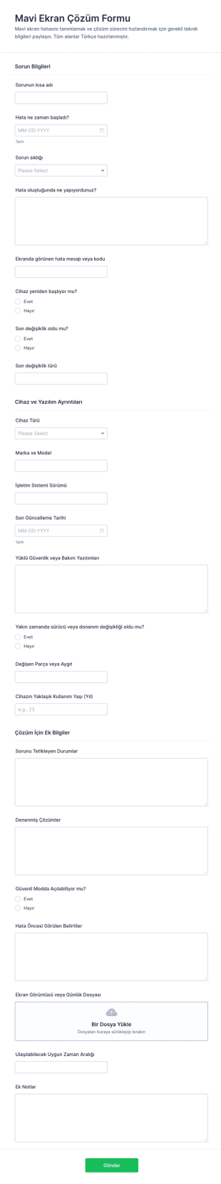 Mavi Ekran Hatası Düzeltme Form Şablonu