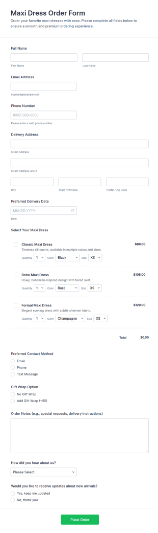 Maxi Dress Order Form Template