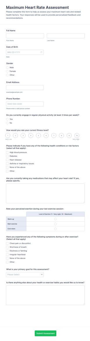 Maximum Heart Rate Assessment Form Template