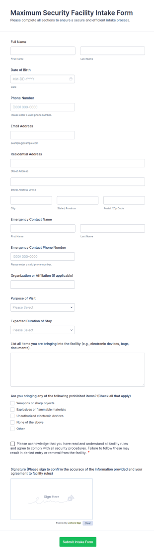 Maximum Security Facility Intake Form Template