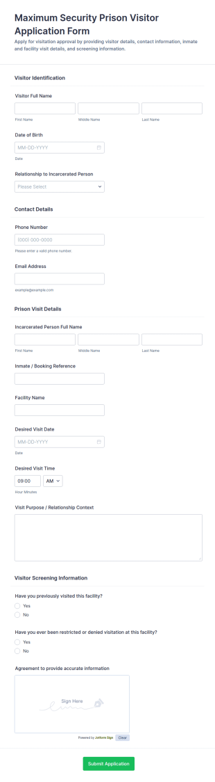 Maximum Security Prison Visitor Application Form Template