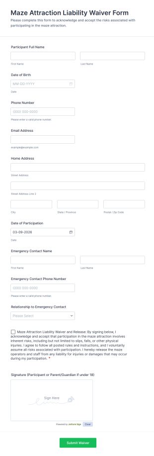 Maze Attraction Liability Waiver Form Template
