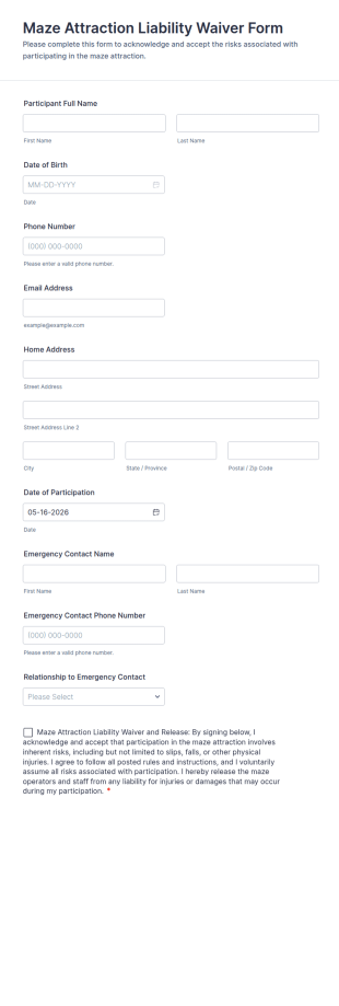 Maze Attraction Liability Waiver Form Template