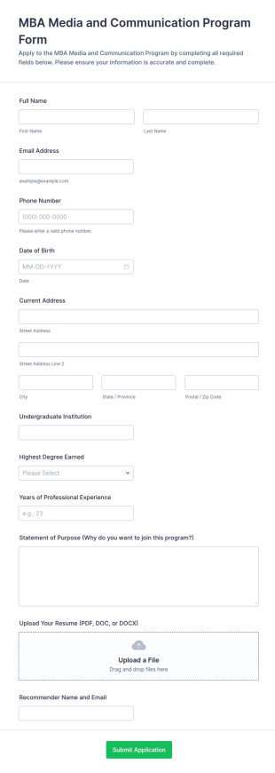 MBA Media And Communication Program Application Form Template