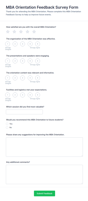 MBA Orientation Feedback Survey Form Template