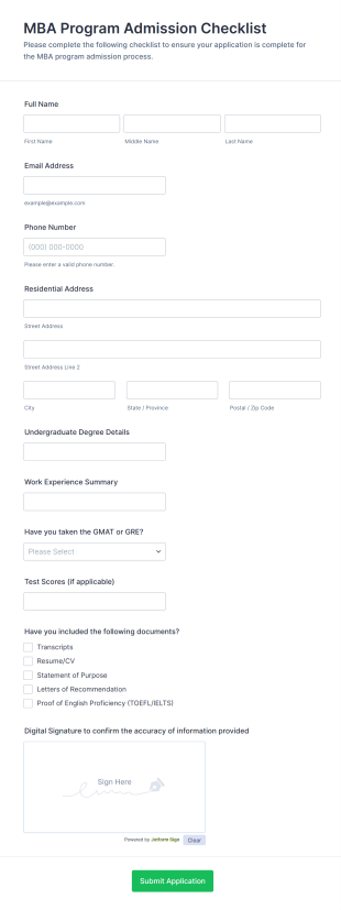MBA Program Admission Checklist Form Template