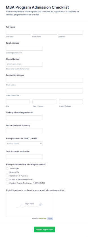 MBA Program Admission Checklist Form Template