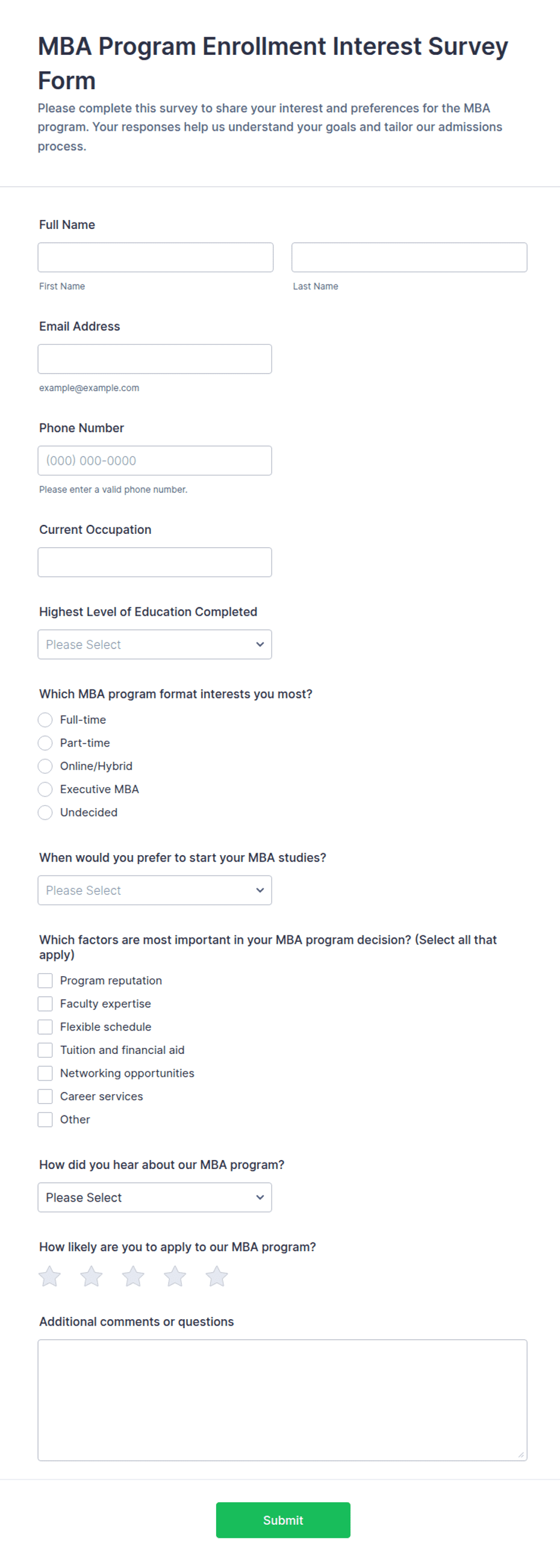 MBA Program Enrollment Interest Survey Form Template | Jotform