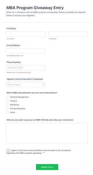 MBA Program Giveaway Entry Form Template