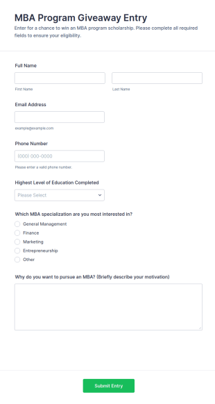 MBA Program Giveaway Entry Form Template